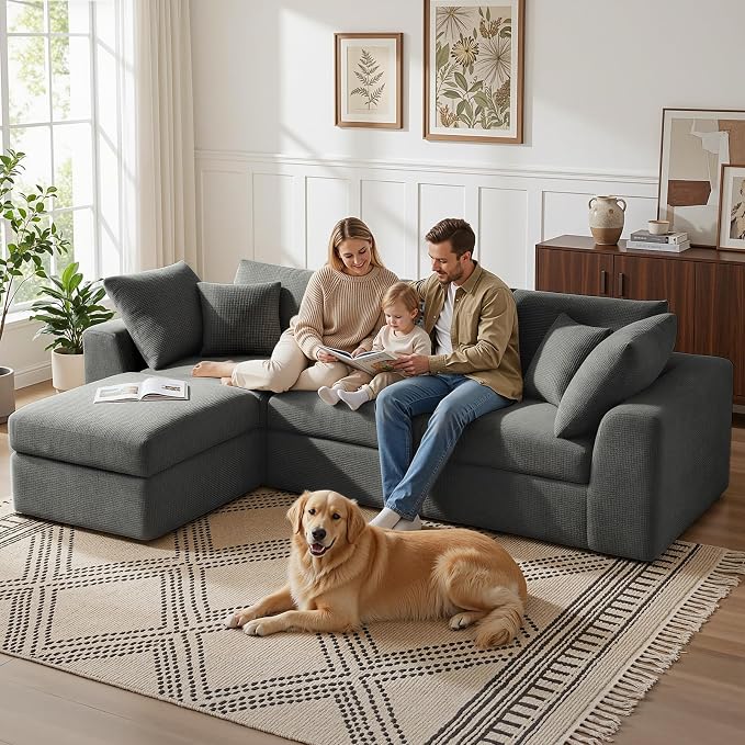 Benazcap 110" Cloud Sectional Couches for Living Room, L-Shaped Convertible Sofa, 3-Seat Modular Boneless Couch with Movable Ottoman, Dark Grey