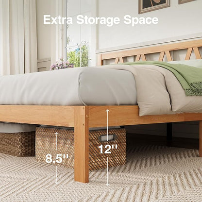 Novilla 12 Inch Solid Wooden King Size Bed Frame King Bed Frames with Headboard BedFrame Foundation No Box Spring Needed, Easy Assembly, Natural Grain Wood