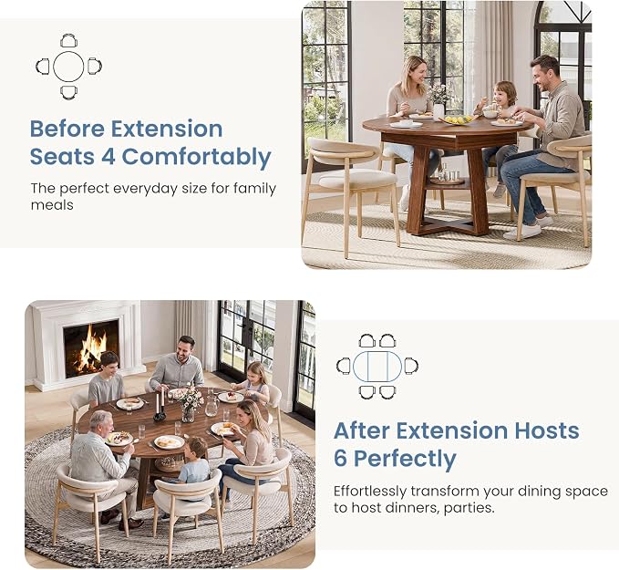DUMOS Extendable Round Dining Table for 4-6, Modern Kitchen Oval Dinner Table with Storage Shelf, Wood Pedestal Base, Space Saving Modern Style, Brown