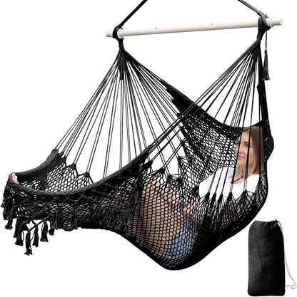 Chihee Hammock Chair Handmade Hanging Chair Cotton Rope Woven Hanging Seat Soft-Spun Large Stretch Hammock Swing, Collapsible Strong Metal Spreader Bar Elegant Macrame Comfort Indoor Outdoor Garden