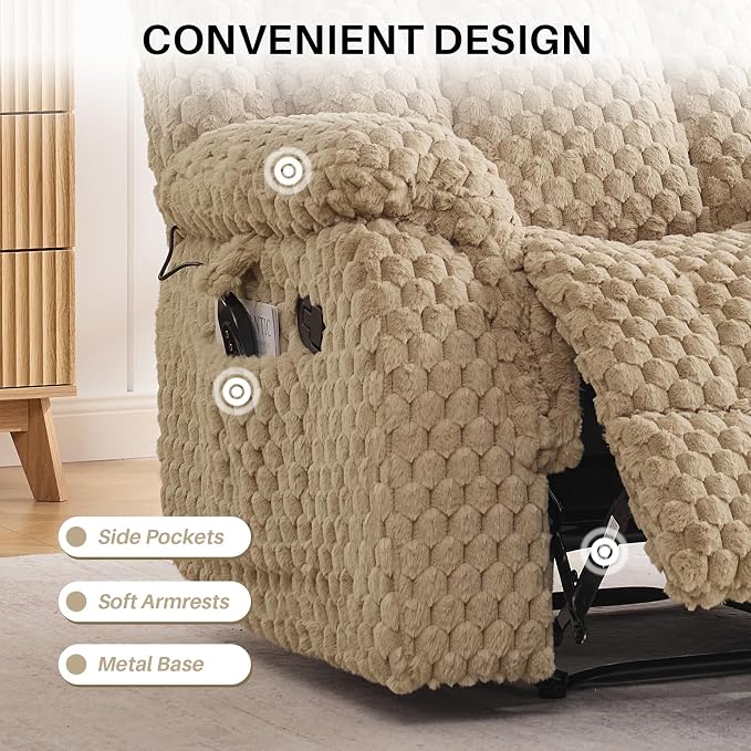 Massage Recliner Chair with Heat, Plush Faux Fur Recliner Chairs for Adults, 39" Wide Manual Reclining Ergonomic Lounge Chair, Overstuffed Wall Hugger Recliners for Living Room, Sand Yellow
