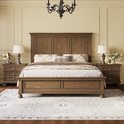 AMERLIFE Solid Wood 3 Piece Bedroom Set Including 65.2" High Queen Bed Frame, Fully Assembled Nightstands Set of 2 with 2 Storage Drawers for Bedroom, Light Brown