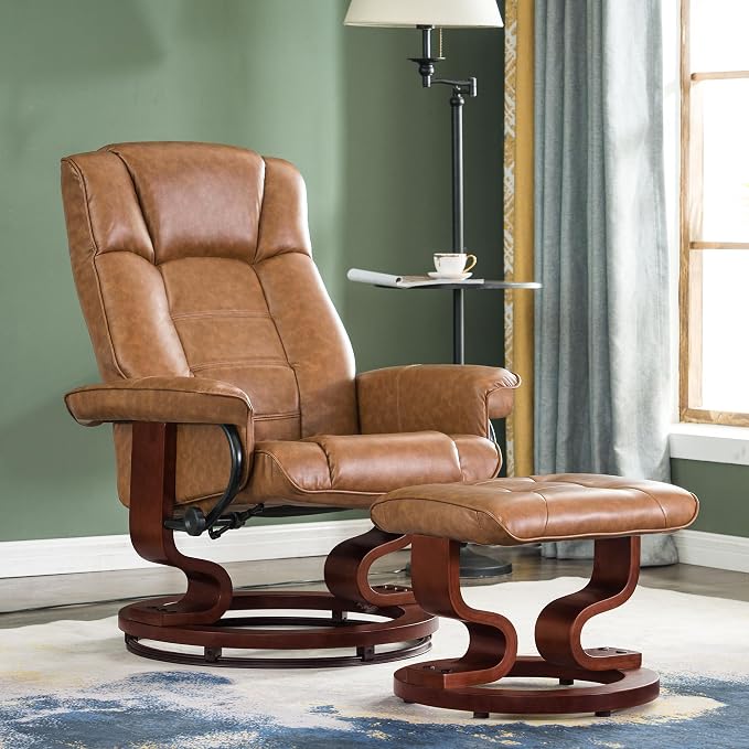 MCombo Manual Swivel Recliner with Ottoman, Chair Ottoman Set for RV Small Spaces, Living Room, Bedroom, Office 9019 4919 (Faux Leather, Saddle)