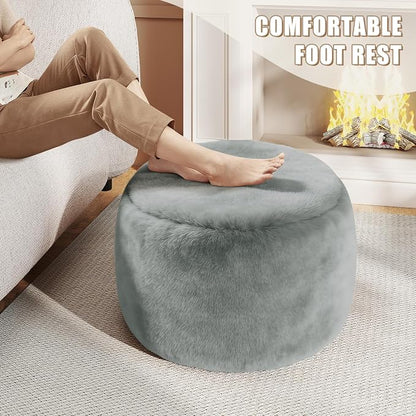 Round Stuffed Pouf Ottoman Foot Rest, Faux Fur Poufs with Memory Foam Filling, Ottomans for Living Room, Nursery, Dorm, Soft Foot Stool Ottoman for Couch, Perfect for Resting Your Feet (Grey, 20 Inch)