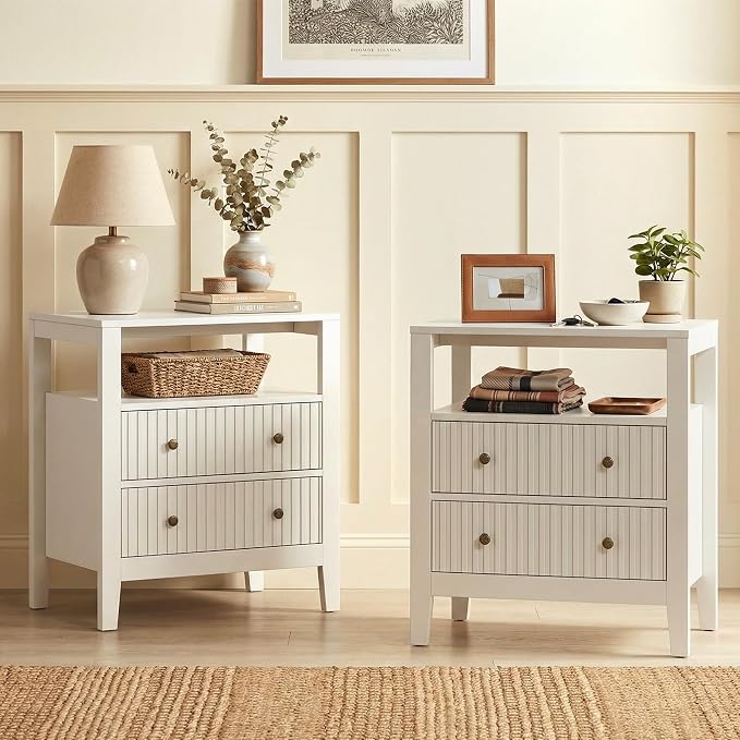 RoyalCraft White Nightstand Set of 2, Fluted Night Stand with Charging Station, Modern Bedside Table with 2 Drawers and Open Shelf, Wood End Table for Bedroom, Hallway