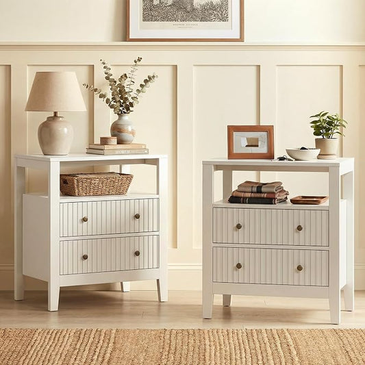 RoyalCraft White Nightstand Set of 2, Fluted Night Stand with Charging Station, Modern Bedside Table with 2 Drawers and Open Shelf, Wood End Table for Bedroom, Hallway