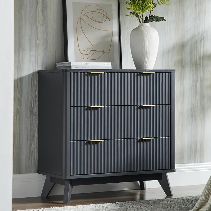 T4TREAM Fluted 3 Drawer Dresser, 32" Tall Modern Chest of Drawers with Faux Marble Top, Curved Profile Design, Wood Drawer Organizer for Bedroom, Living Room, Hallway, Entryway, Dark Grey