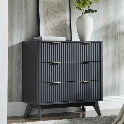 T4TREAM Fluted 3 Drawer Dresser, 32" Tall Modern Chest of Drawers with Faux Marble Top, Curved Profile Design, Wood Drawer Organizer for Bedroom, Living Room, Hallway, Entryway, Dark Grey