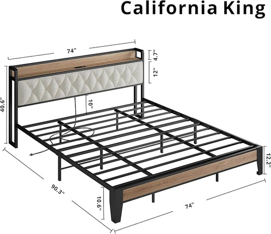 ANCTOR California King Bed Frame, Storage Headboard with Charging Station, Platform Bed Frame with Strong Metal Support, Sturdy & Stable, Noise Free, No Box Spring Needed, Easy Assembly,Wood and Cream
