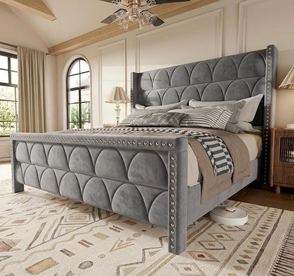 OHOHOLIVE King Size Bed Frame with 56" Headboard - Velvet Upholstered Wingback Platform Bed Frame, Noise Free, Sturdy Wooden Slat Support (Deep Gray, King)