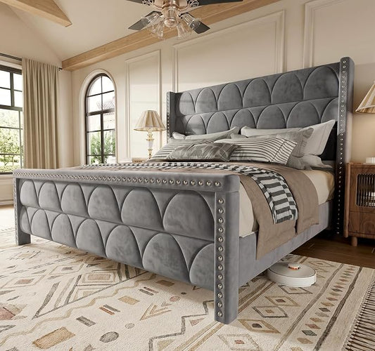 OHOHOLIVE King Size Bed Frame with 56" Headboard - Velvet Upholstered Wingback Platform Bed Frame, Noise Free, Sturdy Wooden Slat Support (Deep Gray, King)