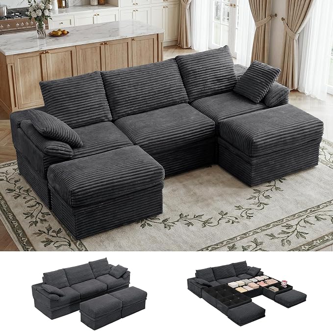 107" Modular U-Shaped Sectional Sofa with Storage, 3-Seat Corduroy Boneless Couch, 27" Deep Seat Cloud Couch & 2 Movable Ottoman, Tool-Free Assembly, Couch for Living Room, Grey