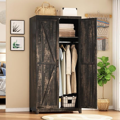 LUXOAK 70" Large Armoire Wardrobe Closet Set of 2 with Hanging Rod, Farmhouse Clothing Storage Cabinet with 4 Barn Doors, Wooden Tall Bedroom Armoires with Shelf, Dark Oak Wood