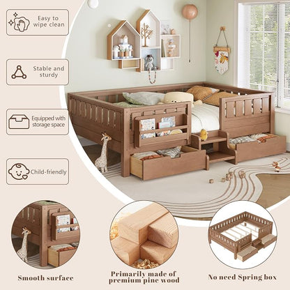 Bellemave Queen Size Kids Montessori Bed with Stairs and Bookshelf,Solid Wood Queen Size Kids Bed Frame with Drawers and Storage for Girls Boys,Low-Profile,Natural