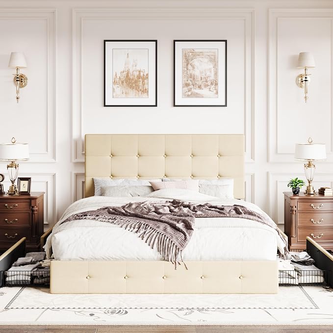 SHA CERLIN Upholstered Full Size Platform Bed Frame with 4 Storage Drawers, Adjustable Headboard with Square Stitched Button Tufted Design, Wooden Slat Support, No Box Spring Needed, Beige