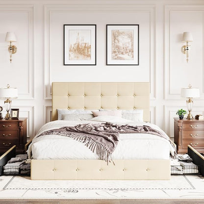 SHA CERLIN Upholstered Full Size Platform Bed Frame with 4 Storage Drawers, Adjustable Headboard with Square Stitched Button Tufted Design, Wooden Slat Support, No Box Spring Needed, Beige