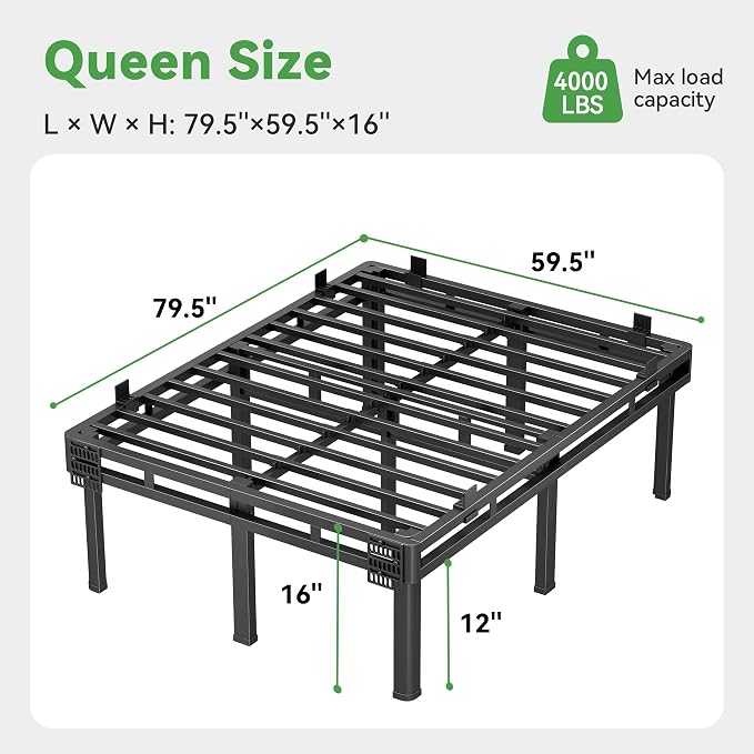 Superay Queen Bed Frame, 16 inch Metal Bed Frame & Box Spring 2 in 1 Design, Double Layer Bed Frame with Rounded Legs, Heavy Duty Platform Support 4000lbs, with Matress Gasket & headboard Adapter