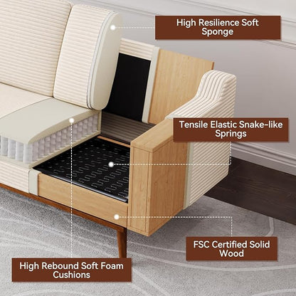Vipbear 65.4" Loveseat Sofa,Mid-Century Modern Small Couches for Living Room, Bedroom, Office,Comfy Beige Corduroy Couch with Spring Cushion, Solid Wood Frame, Tool-Free Assembly