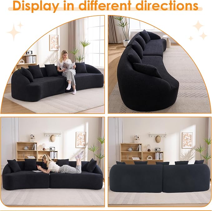 111" Boneless Sofa Couch 4 Seater, Modern Oversized Curved Couch, Luxury Wood Grain Chenille Fabric, Deep Seat Sectional Couches for Living Room (Black, 111")