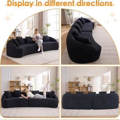 111" Boneless Sofa Couch 4 Seater, Modern Oversized Curved Couch, Luxury Wood Grain Chenille Fabric, Deep Seat Sectional Couches for Living Room (Black, 111")