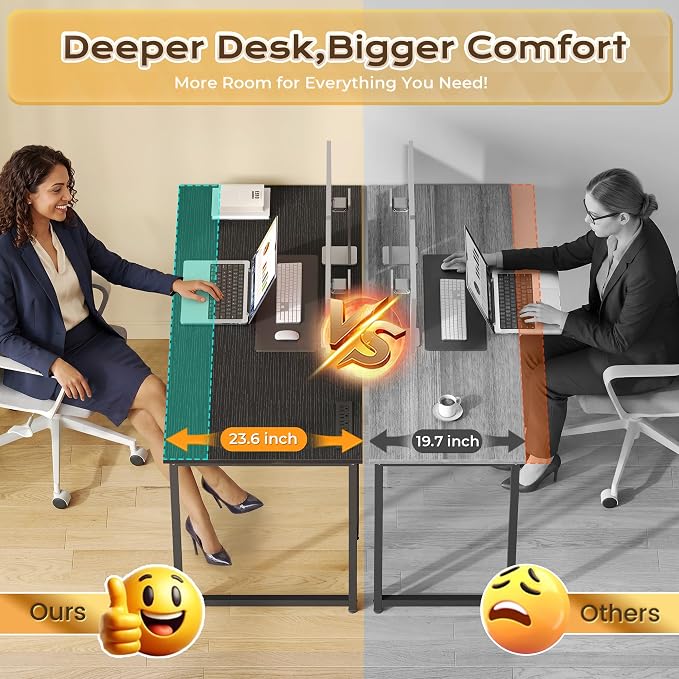PRAISUN 47 X 24 Inch Deeper Desk with Power Outlets | Computer Desk for Bedroom, Office Desk for Work from Home, Writing Study Gaming Table, Stable Metal Frame, Black