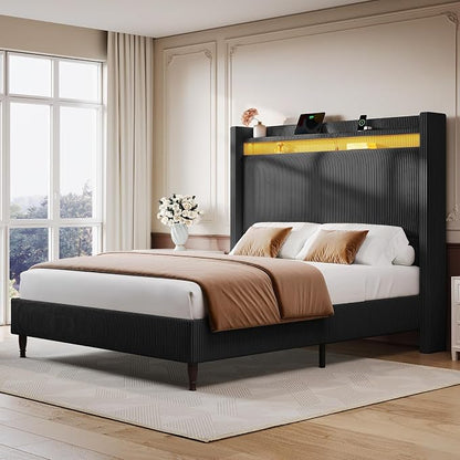 Queen Size Bed Frame with Tall Headboard, 55.3" Upholstered Platform Bed with LED Lights & Charging Station, Elegant Corduroy Bedframe, 2-tier Storage Wingback Headboard, No Box Spring Needed, Black