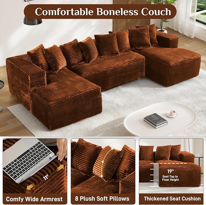 131" Oversized U Shaped Cloud Sectional Couches for Living Room, Comfy Fluffy Corduroy Orange Boneless Sectionals Couch, Plush Memory Foam Modular Sectional Sofa with Chaise- 19" Seat Height