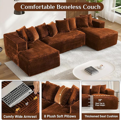 131" Oversized U Shaped Cloud Sectional Couches for Living Room, Comfy Fluffy Corduroy Orange Boneless Sectionals Couch, Plush Memory Foam Modular Sectional Sofa with Chaise- 19" Seat Height