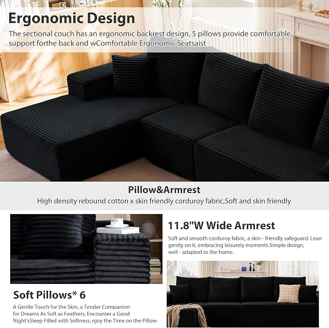 135” Cloud Sectional Couch, Boneless Sofa for Living Room, Modular Sectional Sofa with Deep Seat, Fluffy Couch with L-Shaped Chaise, No Assembly Required Black