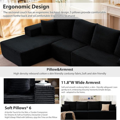135” Cloud Sectional Couch, Boneless Sofa for Living Room, Modular Sectional Sofa with Deep Seat, Fluffy Couch with L-Shaped Chaise, No Assembly Required Black