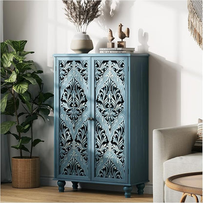 JOINICE 47" Tall Accent Cabinet with Carved Doors & Storage for Living Room,Blue Cabinet with Solid Wood Legs & 100lbs Capacity, Farmhouse/Rustic Style for Dining Room, Bedroom, Hallway, Home Office