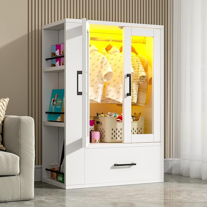 Wooden Dog Closet with LED Lights, Pet Wardrobe Organizer | Storage Cabinet for Dog & Cat Clothes, Toys, Food | Multi-Use Furniture, White