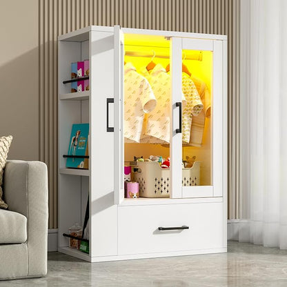 Wooden Dog Closet with LED Lights, Pet Wardrobe Organizer | Storage Cabinet for Dog & Cat Clothes, Toys, Food | Multi-Use Furniture, White