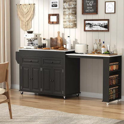 80"-48" Extendable Kitchen Island with Extended Dining Table and Power Outlet,Large Mobile Kitchen Storage Islands with 2 Storage Drawers,Rolling Islands Cart with 3 Extra Rows Open Shelves(Marble Bl)