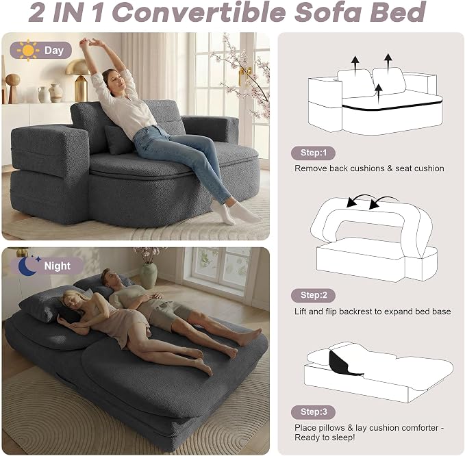 75" Boneless Couch Bed,Fold Up Sleeper Sofa for Adults, Memory Foam Floor Couch with 4 Pillows & Blanket, No Assembly Foldable Guest Bed for Apartment,Living Room