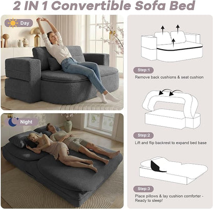 75" Boneless Couch Bed,Fold Up Sleeper Sofa for Adults, Memory Foam Floor Couch with 4 Pillows & Blanket, No Assembly Foldable Guest Bed for Apartment,Living Room
