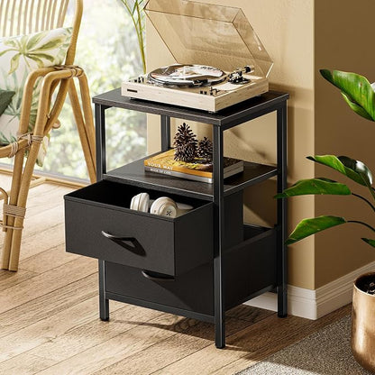 Huuger Night Stand Set of 2, Nightstand with 2 Drawers, Bed Side Table with Open Shelf, Wooden Top, End Table, Fabric Drawer, for Bedroom, Black