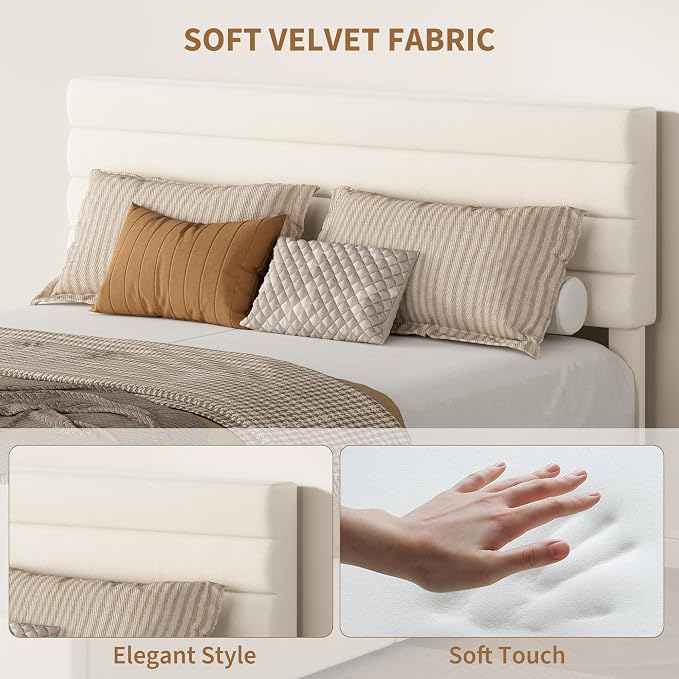 Garvee Full Size Bed Frame, Velvet Upholstered Platform Storage Bed with 4 Drawers, Wooden Slats Support, No Box Spring Needed, Easy Assembly, Beige