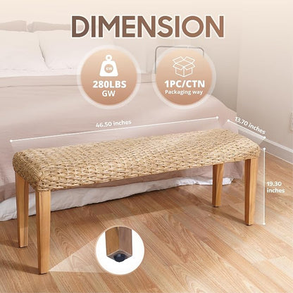 Outdoor Backless Bench, All-Weather Wicker & Solid Acacia Wood, Premium Garden Bench with Woven Rattan Seat and Thick Outdoor Cushion for Patio, Porch, Living Room or Entryway (Natural, PE Wicker)