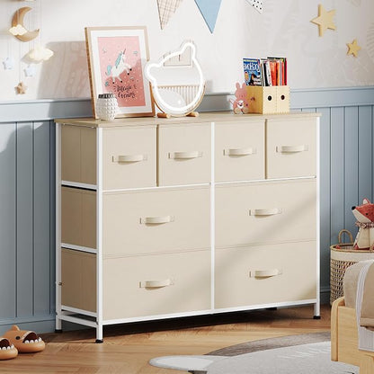 WLIVE Dresser for Bedroom with 8 Drawers, Wide Fabric Dresser for Storage and Organization, Bedroom Dressers, Chest of Drawers for Living Room, Closet, Hallway, Cream White