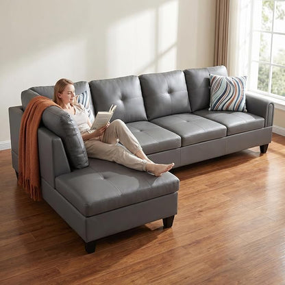 L-Shaped Sectional Sofa, Modern 4-Seat Couch with Left Facing Chaise, Leather Sectional Couch for Living Room, Apartment, Office, Dark Grey