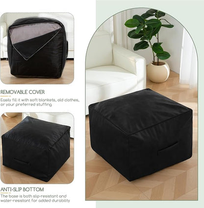 HIGOGOGO Square Stuffed Pouf Ottoman, Pu Leather Poufs with Foam Chunk Filling, Furry and Fluffy Pouf Foot Stool Storage Ottoman,26x18 Inches Floor Poufs Foot Rest for Living Room, Black