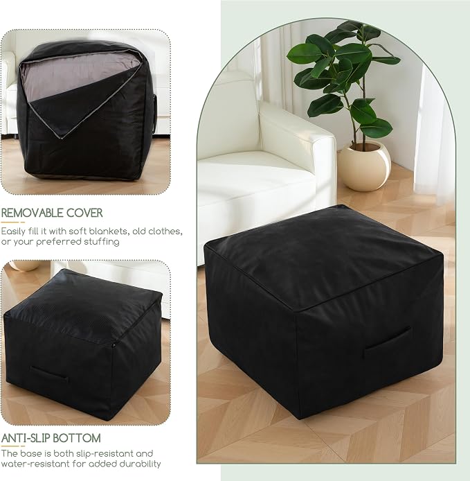 HIGOGOGO Square Stuffed Pouf Ottoman, Pu Leather Poufs with Foam Chunk Filling, Furry and Fluffy Pouf Foot Stool Storage Ottoman,20 X 14 Inches Floor Poufs Foot Rest for Living Room, Black