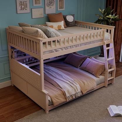 Merax Full Over Queen Bunk Bed,Wood bunk Bed with LED,Bed with Integrated Shelving, Color-Changing Lights and Pegboard, Full XL Over Queen, Beige