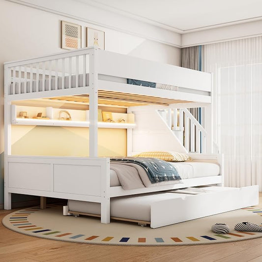 Modern Bunk Bed Full XL Over Queen Size with Storage Shelves and Staircase, Solid Wood Bunk Bed Frame with Trundle and LED Light for Kids Teens Adults (White-3.9)