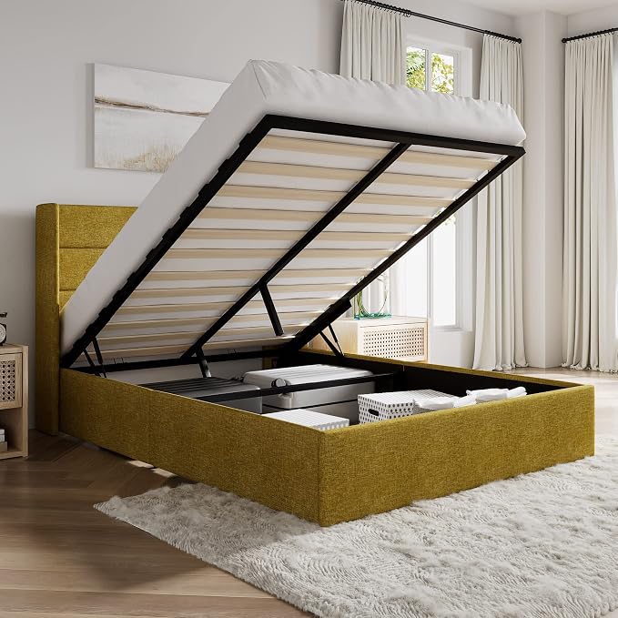 SHA CERLIN Full Size Lift Up Storage Bed/Modern Wingback Headboard/Upholstered Platform Bed Frame/Hydraulic Storage/No Box Spring Needed/Wood Slats Support/Olive Yellow