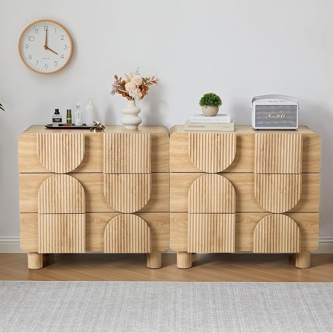 Janmer Home 3 Drawer Dressers for Bedroom, 31.5" Wide Large Mid Century Modern Fluted Nightstand 2 Sets, Wood Dresser & Chest of Drawers with Curved Profile for Living Room, Entryway, Hallway Natural