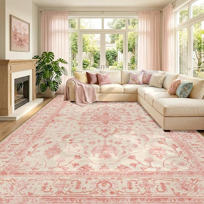 RELEANY Area Rugs Large 9'x12' Washable Non-Slip, Floral Vintage Distress Medallion Carpet for Living Room Bedroom Dining Room, Pink Light Vintage Pink