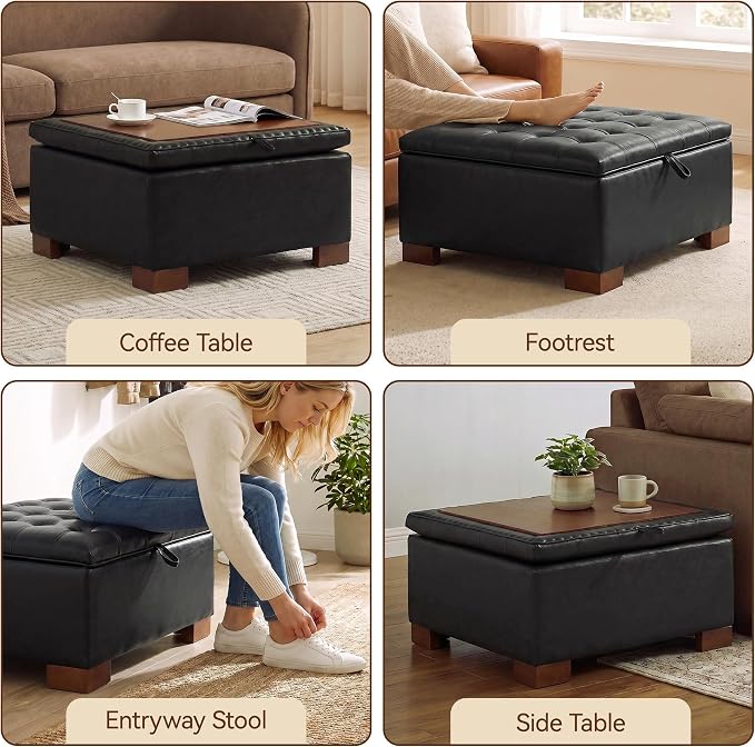 30 Inch Square Storage Ottoman Coffee Table, Modern Tufted Upholstered Ottoman with Flip Tray and Solid Wood Legs, Suitable for Living Rooms, Faux Leather Black