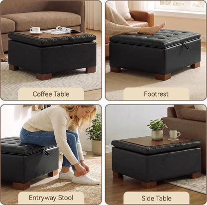 30 Inch Square Storage Ottoman Coffee Table, Modern Tufted Upholstered Ottoman with Flip Tray and Solid Wood Legs, Suitable for Living Rooms, Faux Leather Black